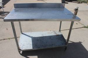 lot 6 image: GARDE STAINLESS STEEL TWO TIER PREP TABLE WORKBENCH WITH BURLINGTON COMMERCIAL MANUAL CAN OPENER , 48 X 30  X 40H