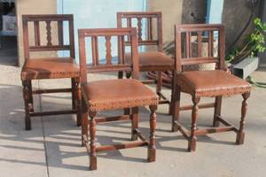 lot 130 image: TOTAL OF 4 MID CENTURY MODERN WOOD &amp&nbsp LEATHER SEATS WITH BRASS NAIL HEAD TRIM DETAIL&nbsp DINING CHAIRS&nbsp