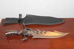 lot 52 image: STAINLESS STEEL COLLECTORS SILVER DRAGON FLAME KNIFE  DAGGER 13L WITH LEATHER SHEATH
