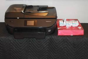 lot 66 image: HP ENVY PHOTO 7855 ALL IN ONE COLOR PHOTO WIRELESS PRINTER NO PWER ADAPTER WITH 3- HP INK CARTRIDGES AND MULTI PURPOSE PAPER