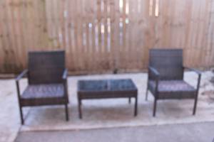 lot 79 image: TOTAL OF 3 PC RATTAN WICKER CONVERSATION PATIO  SET  , 2- CHAIRS & GLASS TOP COFFEE TABLE  SEE PICS