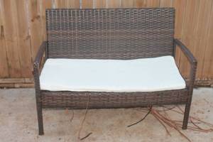lot 80 image: RATTAN WICKER PATIO LOVESEAT 42 L   NEED REPAIR SEE PICS  MATCH # 79