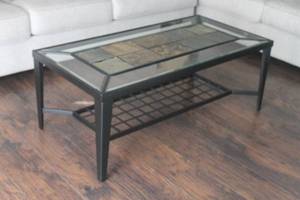 lot 98 image: RAYMOUR & FLANIGAN GLASS TILE METAL  TWO TIER  COFFEE TABLE , 48L X 24 18H
