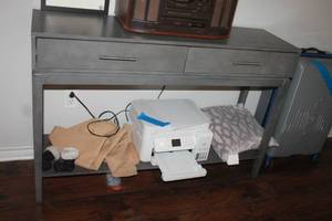 lot 113 image: RUSTIC GREY 2-DRAWER 2- TIER CONSOLE TABLE , 50L X 14 X 33H