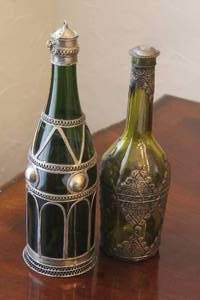 lot 129 image: TOTAL OF 2 ANTIQUE  GREEN GLASS BOTTLE WITH FILIGREE WIRE METAL OVERLAY DECANTER BOTTLES