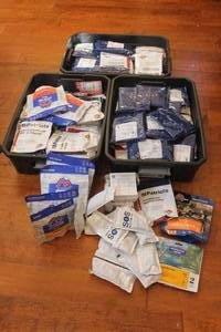 lot 219 image: GENEROUS AMOUNT ASSORTED BRAND SURVIVAL PACKAGED FOODS KITS   TOTAL OF 3 LIDDED PATRIOT TOTES  SEE PICS