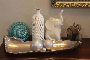 lot 249 image: TOTAL OF 5 PC ASSORTED HOME DCOR- SNAIL ,VASE ,WHITE PORCELAIN ELEPHANT , SADEK MOTHERBABY ELEPHANT, SILVER TRAY CENTERPIECE    SEE PICS