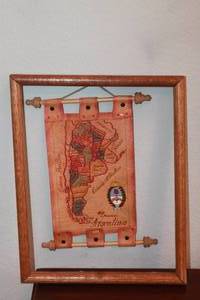 lot 254 image: ARGENTINA LEATHER SOUVENIR BANNER MAP  IN WOOD HANGING FRAME