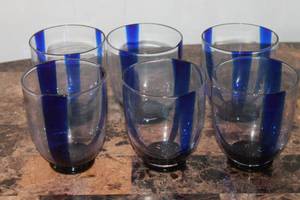 lot 6 image: TOTAL OF 6 COBALT BLUE STRIPES FOOTED TUMBLERS 4 12