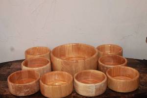 lot 11 image: TOTAL OF 9 PIECE WOODEN SALAD BOWL SET WITH STAMP  , SALAD BOWL 10 & BOWLS 6  SEE PICS