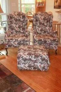 lot 42 image: TOTAL OF 2 VINTAGE WING BACK QUEEN ANNE STYLE LEGS ARM CHAIRS WITH FLORAL DESIGN CHAIR COVERS & OTTOMAN  SEE PICS