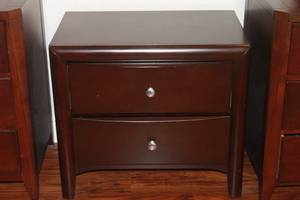 lot 75 image: TOTAL OF 2 WOODEN TWO DRAWER  OFF THE FLOOR NIGHT STANDS 26 X 17 25H  ,MADE IN INDONESIA  SEE PICS