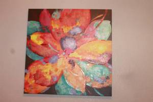 lot 81 image: LARGE MULTI COLOR FLOWER CANVAS WALL ART  WITH SIGNATURE 36 X 36   SEE PICS