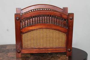 lot 108 image: MCM WOOD RATTAN BAMBOO MAGAZINE RACK