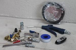 lot 146 image: AIR COMPRESSION BLOW GUN WITH ASSORTED COMPRESSION AIR TOOL FITTING ACCESSORIES, SLIME DIGITAL TIRE GAUGE  AND MORE SEE PICS