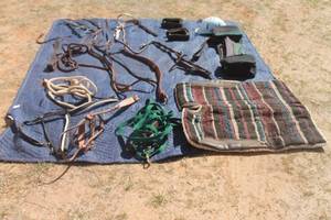 lot 300 image: HORSE TACK  LOT ,SADDLE ,  STRAPS , LUNGE LINES,HEADSTALLS,STIRRUPS AND MORE SEE PICS