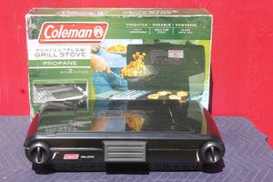 lot 33 image: COLEMAN PERFECT FLOW  PROPANE WITH 2- BURNERS GRILL STOVE IN ORIGINAL BOX