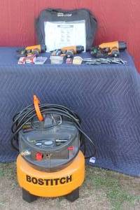 lot 87 image: STANLEY BOSTITCH TOOL & COMPRESSOR COMBO CPACK300 , CAP2000P AIR COMPRESSOR ,SB1850BN BRAD NAILER, SB-1664FN FINISH NAILER, WITH ACCESSORIES & CARRY BAG IN ORIGINAL BOX  SEE PICS