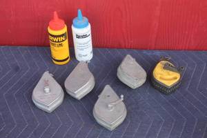 lot 262 image: TOTAL OF 5 STRAIT-LINE CHALK LINE REELS WITH 2-USED CHALKING CHALK