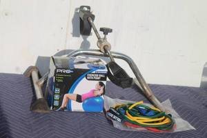 lot 365 image: STATIONARY UNDER DESK BIKE PEDAL EXERCISER , EXERCISE BALL AND RESISTANT BANDS  SEE PICS