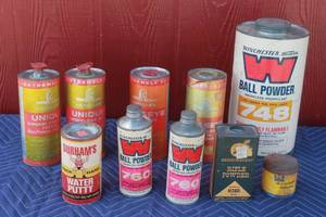 lot 378 image: TOTAL OF 10 VINTAGE GUN POWDER CANS  SEE PICS