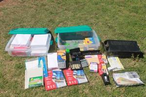 lot 384 image: TOTAL OF 2 HEFTY LIDDED CLEAR 40QT TOTES WITH GENEROUS AMOUNT OF OFFICE SUPPLIES  TOTES ARE INCLUDED  SEE PICS