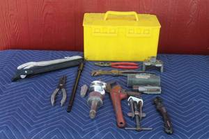 lot 385 image: LOT OF MISC TOOLS ,HUSKY STRAP WRENCH ,REPLACEMENT GRINDER AUGER ,SNAP RING SLIP JOINT PLIERS ,HAND TAP ,CLENCH WRENCH AND MORE WITH VTG YELLOW   SEE PICS MILLROSE CO. TOOL BOX  SEE PICS
