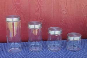lot 417 image: TOTAL OF 4 CLEAR GLASS JARS STORAGE CANISTERS WITH  SILVER LID STORAGE CONTAINERS