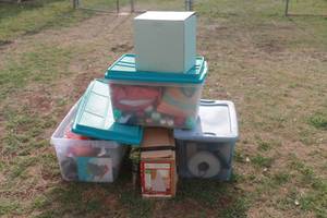 lot 447 image: MISC CHRISTMAS LOT , TOTES INCLUDED , GREAT FOR GIFTS, RESELL, FLEA MARKET BOOTHS - WRAPPING PAPER PRE LIT TREE, CANDLE HOLDER ,ORNAMENTS ,TREE SKIRT ,TREE TOPPERS