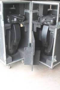 lot 89 image: 2 VARI-LITE VL 3000 MOVING SPOT LIGHTS IN ROADIE CASE ON CASTERS