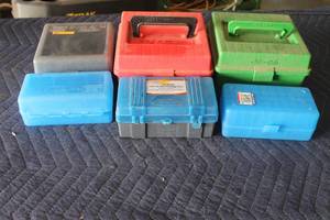lot 156 image: TOTAL OF 6 ASSORTED BRAND AND SIZE AMMUNITION CARTRIDGE  STORAGE CASES  SEE PICS