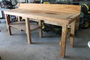 lot 217 image: WOODEN WORK BENCH TABLE WITH ATTATCHED POWER STRIP &amp FIRE EXTINGUISHER , 8FT LONG X 25 D X 45 H&nbsp
