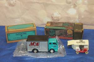 lot 295 image: VINTAGE ERTL COLLECTIBLE ACE HARDWARE SPECIAL TENTH IN A SERIES,ACE&nbsp HARDWARE 1949 WHITE TILT CAR TRUCK 19095 WITH 143 SCALE REPLICA OF ACE BANK IN ORIGINAL BOX  SEE PICS&nbsp