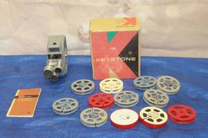 lot 300 image: VINTAGE KEYSTONE MOVIE ELECTRIC SCENE K-4C KEY EYE 8MM TRIPLE TURRET MOVIE CAMERA WITH LOT OF FILM CARTRIDGES MANUAL &amp ORIGINAL BOX  SEE PICS&nbsp