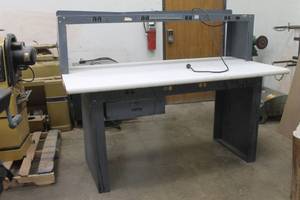lot 47 image: STEEL &amp WOOD PEDESTAL WORK BENCH WITH OUTLETS&nbsp ,&nbsp 6FT X3FT X 57H&nbsp