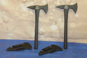 lot 42 image: TOTAL OF 2&nbsp COLLECTIBLE TRS WAR EAGLE&nbsp THROWING AXES AND HATCHETS WITH SHEATHS&nbsp