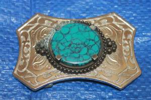 lot 86 image: VINTAGE WESTERN METAL WITH TUQUOISE STONE BELT BUCKLE&nbsp