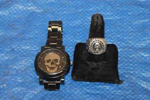 lot 244 image: MENS LARGE ROUND SKULL RING WITH STONES &amp BLACK FACE STEEL BAND QUARTZ WATCH  SEE PICS&nbsp