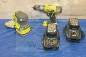 lot 91 image: RYOBI P271&nbsp LITHIUM ION DRILL DRIVER P440&nbsp PALM SANDER  P118 CHARGERS WITH 2- 18V BATTERIES ,P102 P190&nbsp