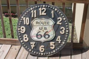 lot 240 image: LARGE ROUTE US 66 ROUND WOODEN WALL CLOCK , 29 DIAM&nbsp
