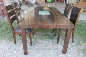 lot 170 image: SOLID DARK WOOD DINING&nbsp TABLE WITH GLASS INSERT&nbsp AND 4- DINING CHAIRS  SEE PICS&nbsp