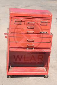 lot 42 image: RED TEST RITE 9-DRAWER 2-PC TOOL CHEST WITH BOTTOM&nbsp STORAGE CABINET&nbsp ON WHEELS&nbsp