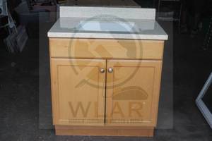 lot 141 image: PROJECT SOURCE GOLDEN FINISH VANITY CABINET WITH GRANITE&nbsp TOP REMOVEABLE&nbsp SINK  SEE PICS