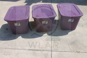 lot 121 image: TOTAL OF 3 STERILITE PURPLE PEARL 18 GALLON&nbsp LIDDED TOTES&nbsp