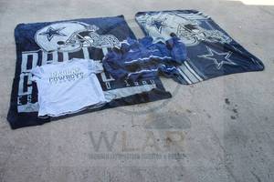 lot 227 image: DALLAS COWBOYS LOT - 2-BLANKETS , PRO-LINE BY APEX ONE JACKET SIZE XL , AND GREY SHIRT SIZE LARGE  SEE PICS&nbsp