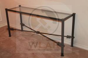 lot 20 image: MID CENTURY MODERN DIEGO GIACOMETTI STYLE WROUGHT IRON THICK&nbsp GLASS TOP CONSOLE TABLE , 58W X 15 D X 27 H&nbsp
