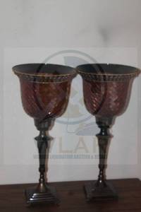 lot 55 image: TOTAL OF 2 RADIANCE COLLECTION RED LUSTER MOSIAC STAINED GLASS PEDESTAL BASE CANDLE HOLDERS 16H&nbsp