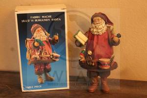 lot 71 image: SANTAS WORLD FABRIC MACHE 10 12 BURGUNDY TABLE SANTA J2944 IN ORIGINAL BOX&nbsp
