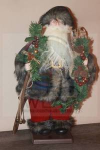 lot 82 image: LARGE SANTA CLAUS 19 12 TALL&nbsp FIGURINE&nbsp WITH FAUX FUR TRIM COAT &amp HAT HOLIDING A&nbsp HOLIDAY&nbsp GREEN &amp BERRIES WREATH&nbsp AND A STAFF WALKING STICK ON WOOD BASE  SEE PICS&nbsp