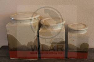 lot 88 image: 3PC ANTIQUE GLAZED STONEWARE LIDDED CANISTERS SIGNED PARSONS 85 ,&nbsp 6 12 , 7 12 , 9&nbsp